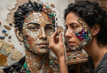 person assembling mosaic face representing human awakening and integration of identity and experienc