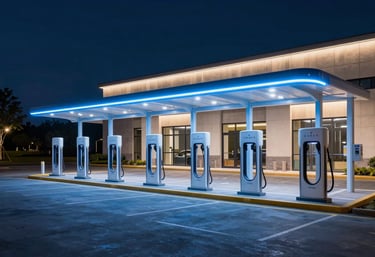A wide-angle landscape of a modern electric vehicle charging station at night, illuminated with electric blue lighting, North American architectural style.