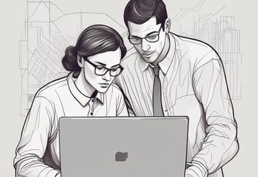 A friendly team collaborating over laptops with code and flowcharts on screens in a bright office.