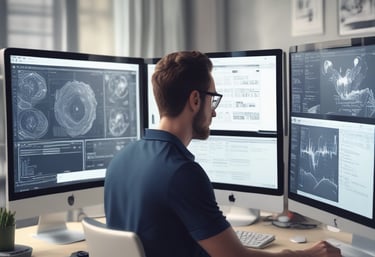 A friendly team collaborating over laptops in a bright, modern office space.