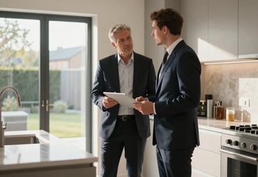 A professional property manager inspecting a high-end kitchen in a modern British residence, natural morning light, clean and sophisticated.