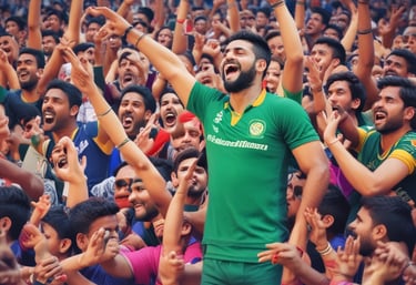 A vibrant crowd cheering with colorful banners at a kabaddi stadium.