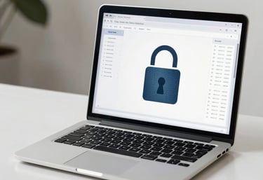 A clean, minimalist workspace with a laptop displaying a secure lock icon and financial spreadsheets, emphasizing data safety in an Indian setting.