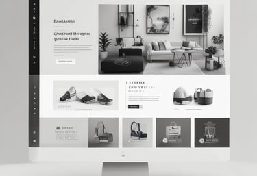 A sleek, modern website homepage displayed on a laptop with a minimalist black and white design.