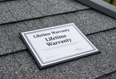 A close-up of a 'Lifetime Warranty' certificate resting on a clean, new roof surface, focusing on the texture of the grey shingles.