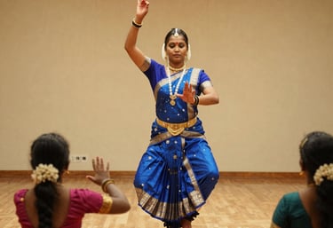 A dynamic instructor leading a lively dance class with students smiling and moving in rhythm.