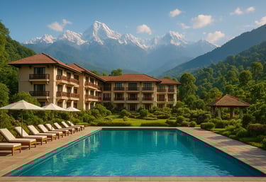 "Luxury hotel with a swimming pool surrounded by greenery and snow-covered mountains in background"