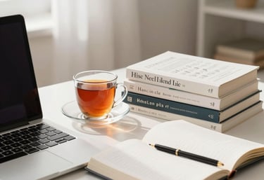 A beautiful, bright desk setup in an Anatolian home with a laptop, a cup of tea, and neatly stacked math books, warm and encouraging light.