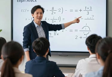 A lifestyle shot of a teacher pointing at a digital screen with math charts, engaging with a group of unseen students, professional and bright atmosphere, steel blue color palette.