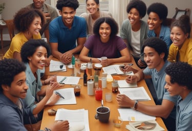 A warm, inviting therapy session in progress with diverse individuals.