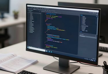 A modern computer monitor showing clean code in an editor, surrounded by technical manuals on a desk in a Spanish office. Professional, sharp focus, with navy blue and off-white tones.