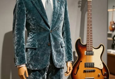 Detailed photography of an iconic 1960s velvet suit and a hollow-body bass guitar on display in a museum setting, with nostalgic lighting and a palette of muted teal and soft grey.