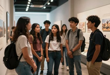 A group of South American students during a guided tour of the museum, looking with curiosity at interactive exhibits. Modern educational atmosphere with soft, inclusive lighting.