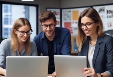 Professional team working on digital marketing strategies in a modern office.