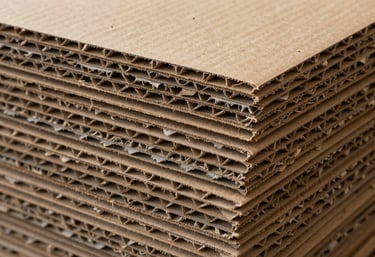 Detailed texture of stacked corrugated cardboard layers, showcasing sustainable and recyclable material in a professional South American / Brazilian studio.