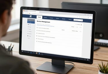 An over-the-shoulder shot of a computer screen showing a clean, modern dashboard for service management in a bright, efficient workspace.