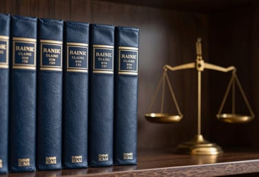 A high-end legal office scene with leather-bound books on a shelf and a subtle gold balance scale in the background. Professional and trustworthy mood with navy tones.