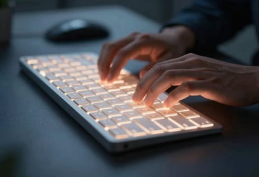 A detail shot of hands typing on a high-end backlit keyboard in a dimly lit, modern North American office. The glow from the keys is a soft off-white against a dark navy desk surface.