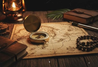 Vintage brass compass on an old world map with a lantern and leather journal on a wooden desk.