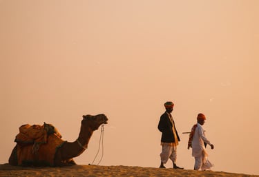 Rajasthan trip details - Two men in traditional turbans walking with a seated camel across the golde