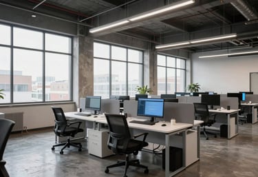 A clean, industrial North American / US office space with large windows and modern workstations, highlighting a professional environment for elite technology design.