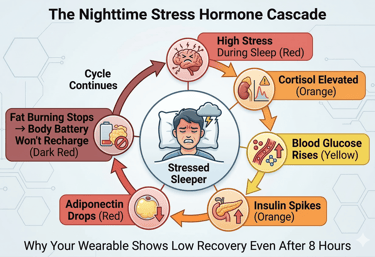 Stress hormone cycle preventing body battery recharge during sleep