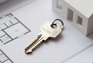 Clean photo of a property key resting on a minimalist white architectural plan, South American / Chilean context, real estate theme.