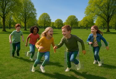 vijf spelende kinderen op het speelveld in het Schoterbos in Haarlem Noord