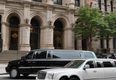 An elegantly dressed chauffeur opening the door of a limousine for a client.