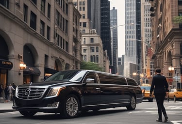 An elegantly dressed chauffeur opening the door of a limousine for a client.