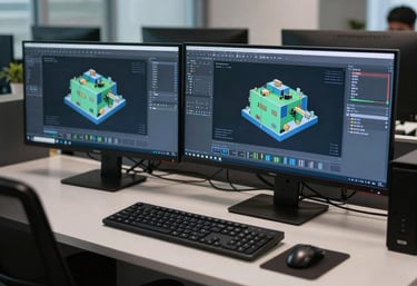 An organized workstation in a North American / International tech office showing 3D modeling software on multiple screens, with dark navy and steel blue accents.