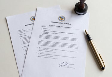A flat lay photograph of official Indonesian legal documents, a gold fountain pen, and a corporate stamp on a clean, light-colored desk. The composition is organized and professional, reflecting authority and precision. Colors are neutral with accents of blue.
