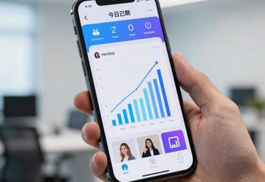 Close-up photography of a hand holding a modern smartphone in a bright studio. The screen shows a vibrant social media feed with growth charts. The background is a clean office setting with soft blue and white lighting, symbolizing digital growth and strategy.