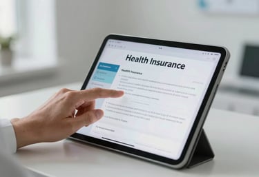 A hand using a modern tablet to manage health insurance details, clean and minimalist Middle Eastern / Turkish medical office background, professional lighting.