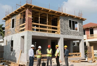 Close-up of industrial machinery and construction tools on a site, showcasing the Steel Blue and Soft Blue-Grey color palette.