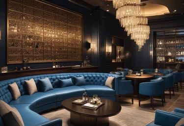 Interior view of a stylish and cozy lounge room with ambient lighting.