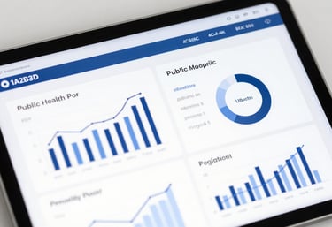 A close-up of a digital tablet showing a clean, structured public health report with charts. The UI uses #1A2B3C and #4C6A89. Professional, modern, and data-driven imagery.