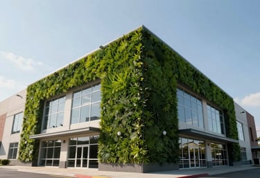 A low angle exterior shot of a large, modern commercial building with sustainable green features and a clean sky, North American / International architecture.