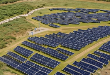 Solar panels stretching across a sunny landscape with a clear blue sky.