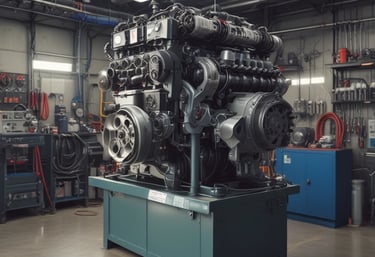 Close-up of a high-performance used engine with polished components under bright workshop lighting.