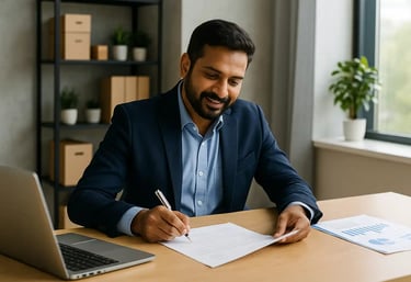 Indian businessman reviewing and signing business loan documents at his office desk in Chennai.