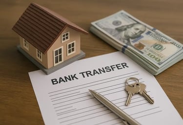 House model, property documents, keys, and bank transfer papers symbolizing home loans and balance t