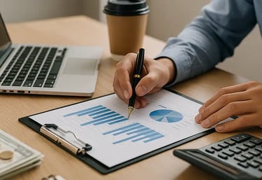 Business professional analyzing financial charts with a calculator and laptop while planning working