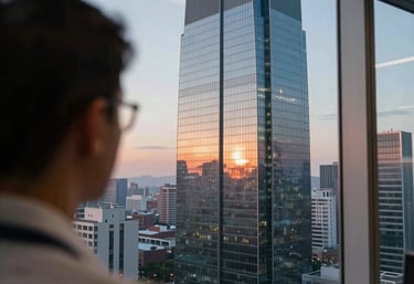 An over-the-shoulder shot of a researcher looking out over a modern city skyline from a high-rise office window, Global Business / Corporate, sunset colors reflecting in the glass.