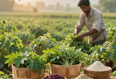 A sunlit field of organic grains swaying gently under a clear blue sky, reflecting natural growth and care.