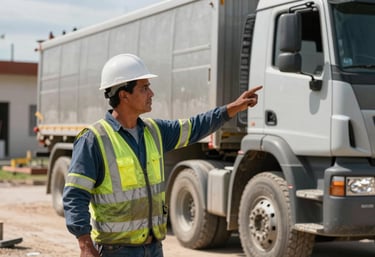 A professional construction worker in high-visibility gear at a South American / Brazilian residential project, signaling to a concrete truck. Daylight, sharp details, slate grey-blue colors.