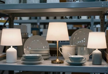 A modern photograph showing a variety of household goods including elegant lamps and kitchenware in a Western European / Dutch warehouse setting. The composition is clean and organized, featuring steel blue tones.