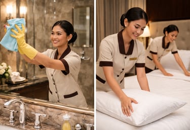 A professional hotel housekeeper cleaning a bathroom mirror and making a luxury bed with white linens.