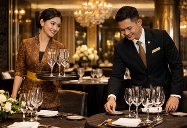 Professional rest staff setting tables in a luxury fine dining restaurant.