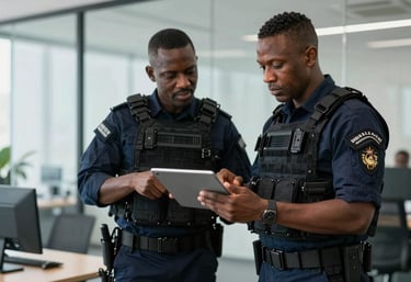 Two African security experts in professional tactical uniforms coordinating operations using a digital tablet in a clean, modern glass-walled office.